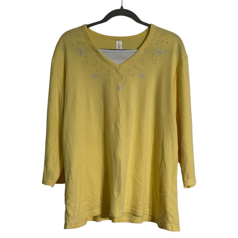 Elegant Yellow Embellished Floral Patterned Long Sleeve Top